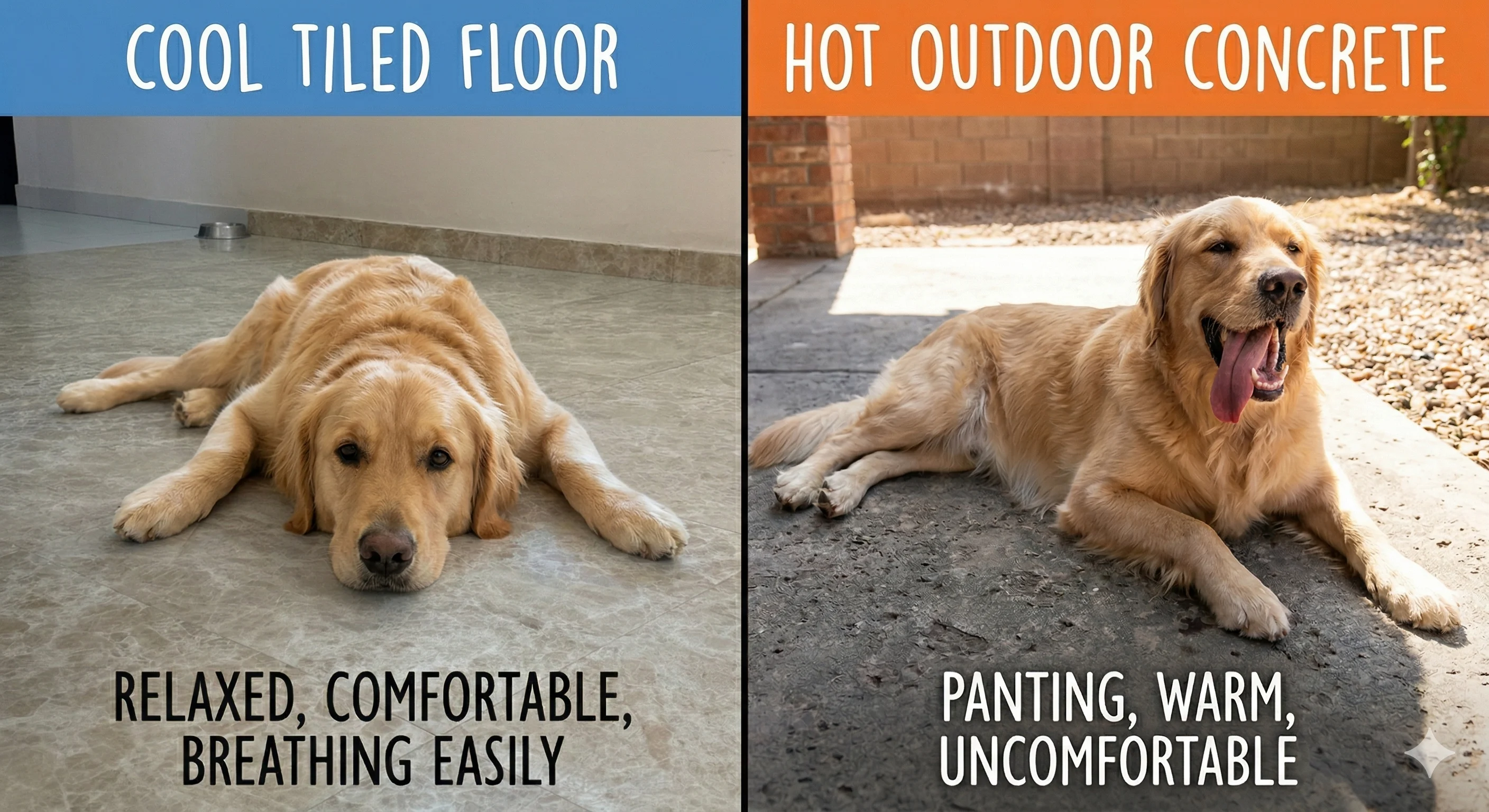 Comparison of dog on cool tiled floor vs hot outdoor concrete in summer,
