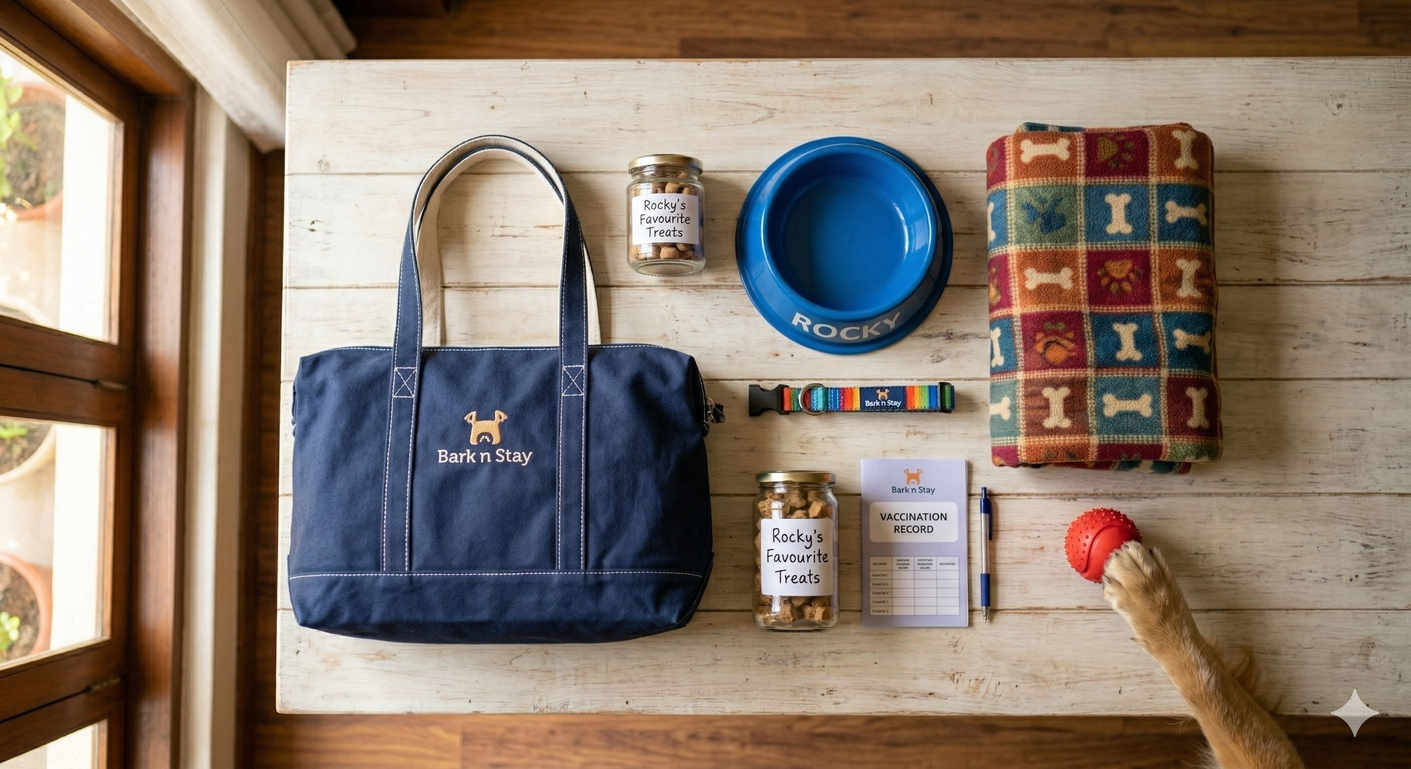 Flat lay arrangement of essential dog boarding items: personalized bowl, leash, favorite blanket, squeaky toy, and treatment list on a wooden table, with a dog’s paw sneaking in