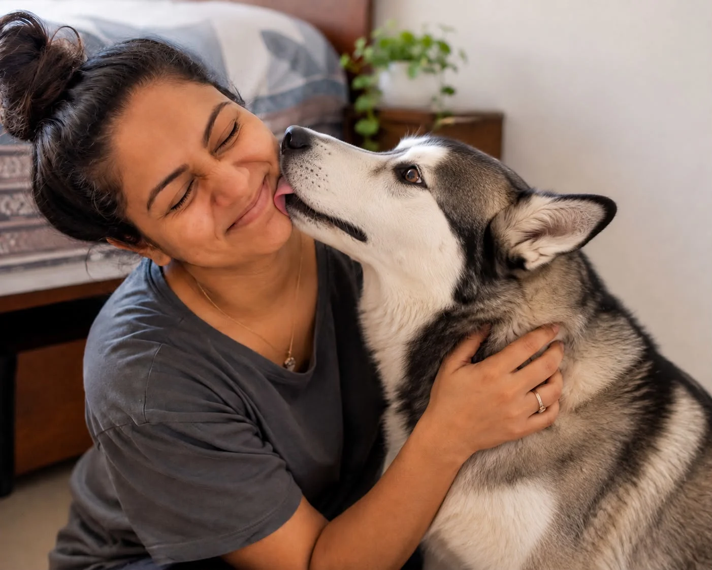 Husky licking a woman's face as a sign of affection