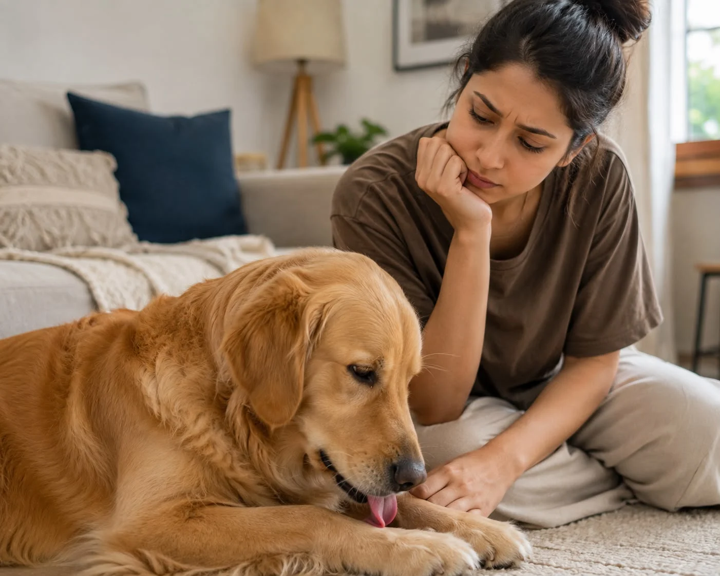 Golden retriever licking its paw out of boredom or anxiety while owner watches