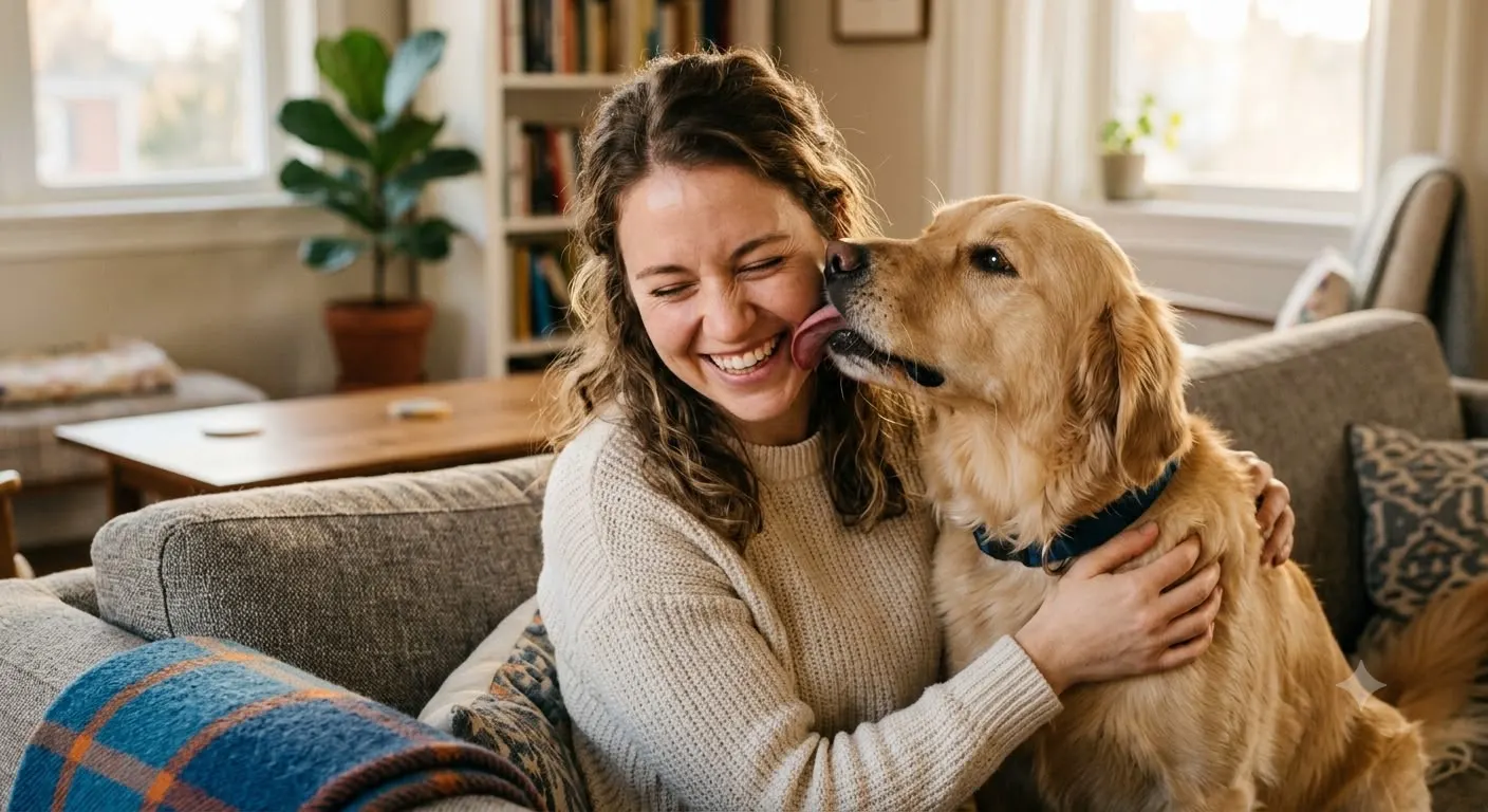 Woman smiling as her golden retriever leans in to lick her at home
