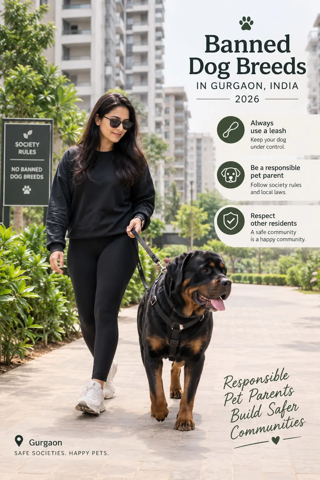 Woman walking a Rottweiler on a leash: banned dog breeds in Gurgaon and India 2026