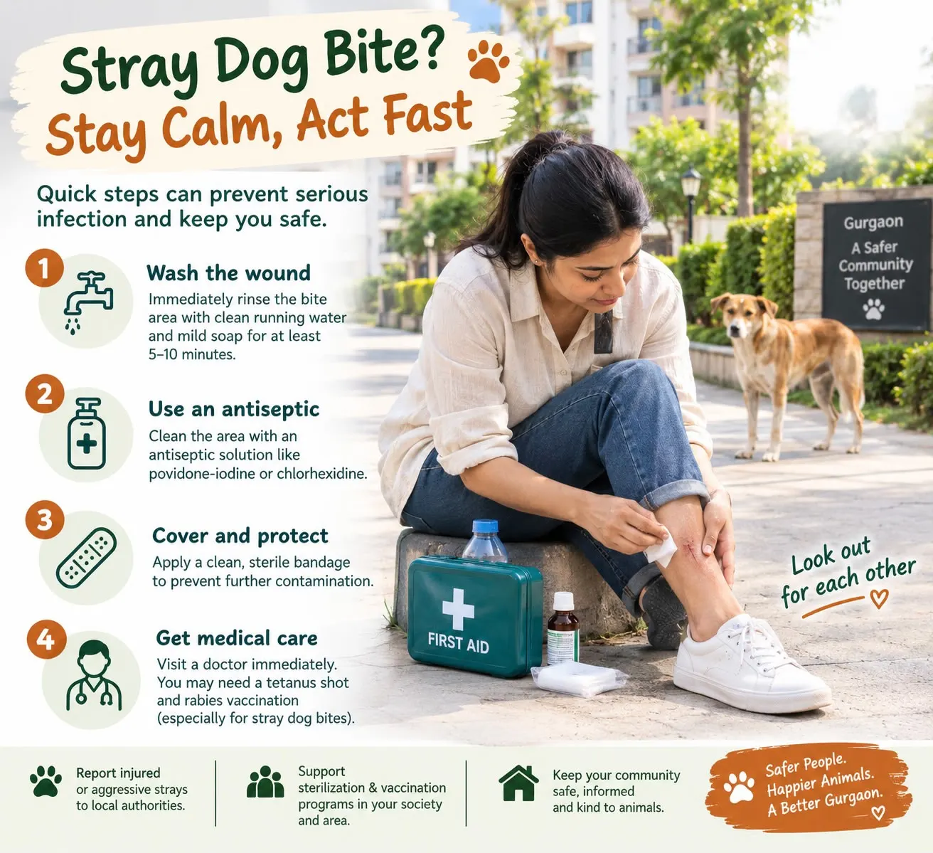 Dog bite first aid steps: wash the wound, use antiseptic, cover it and get medical care