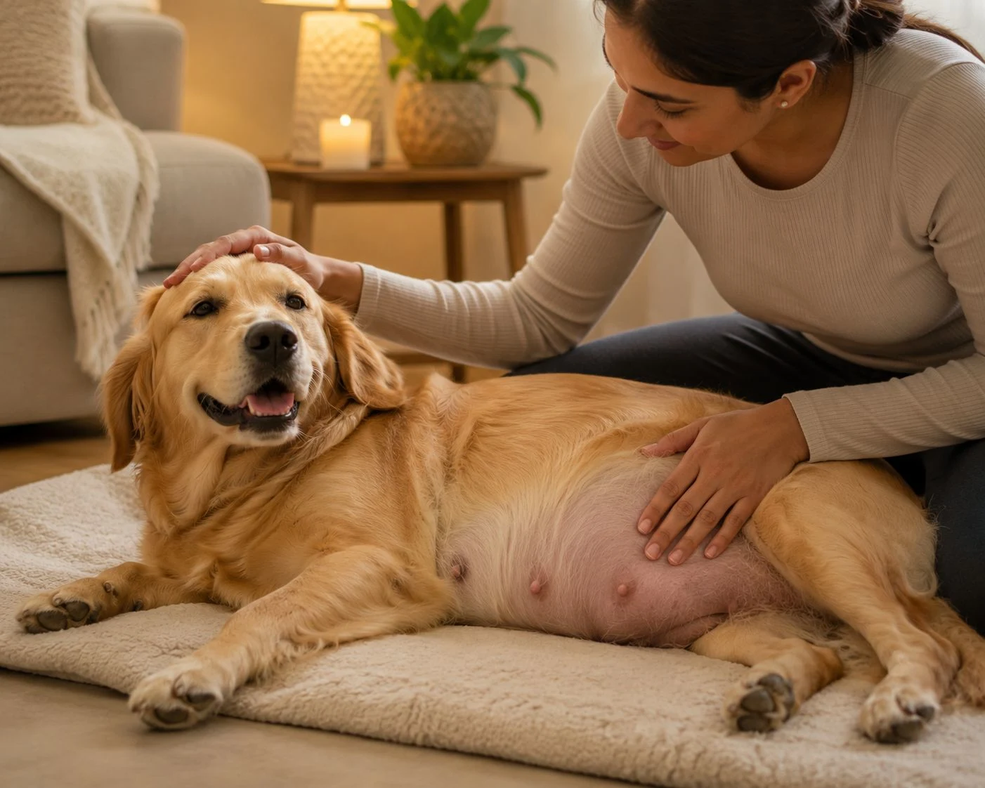 Woman gently caring for her pregnant golden retriever