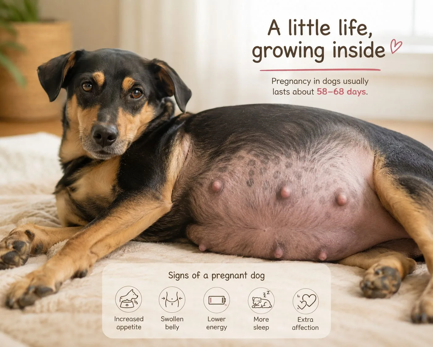 Pregnant dog lying down with common signs of dog pregnancy listed