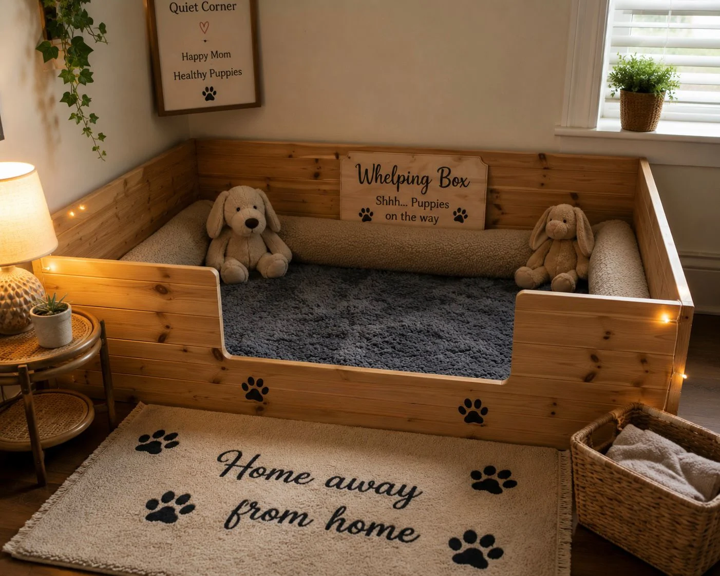 Wooden whelping box prepared at home for a pregnant dog