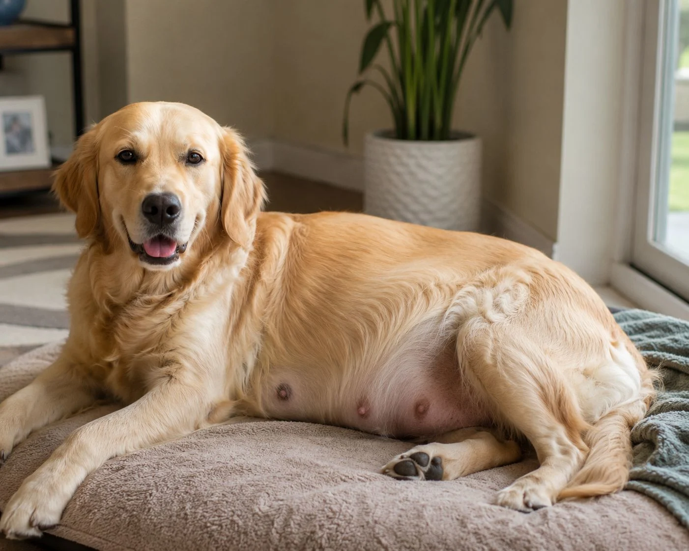 Pregnant golden retriever resting on a dog bed at home