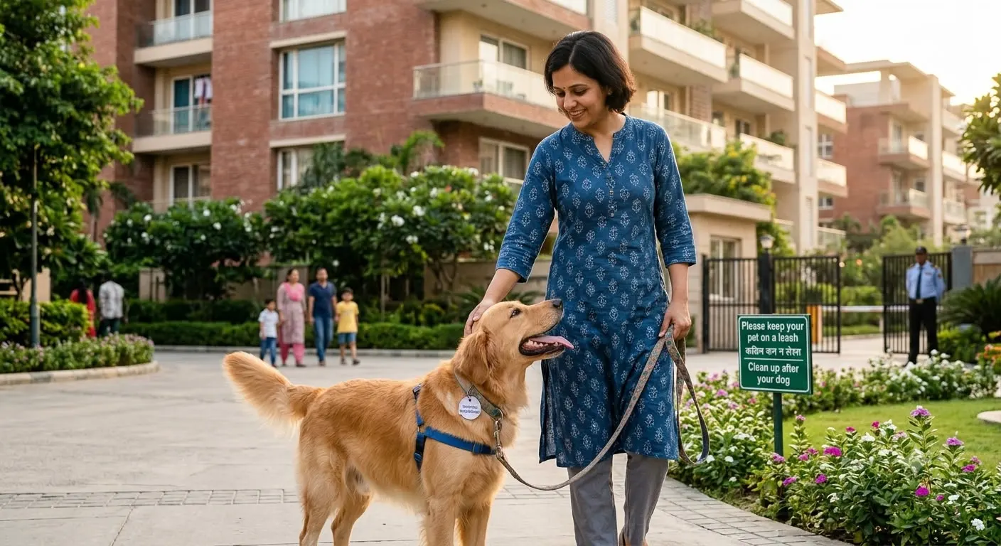 Woman walking her leashed dog safely past a stray dog in a Gurgaon society