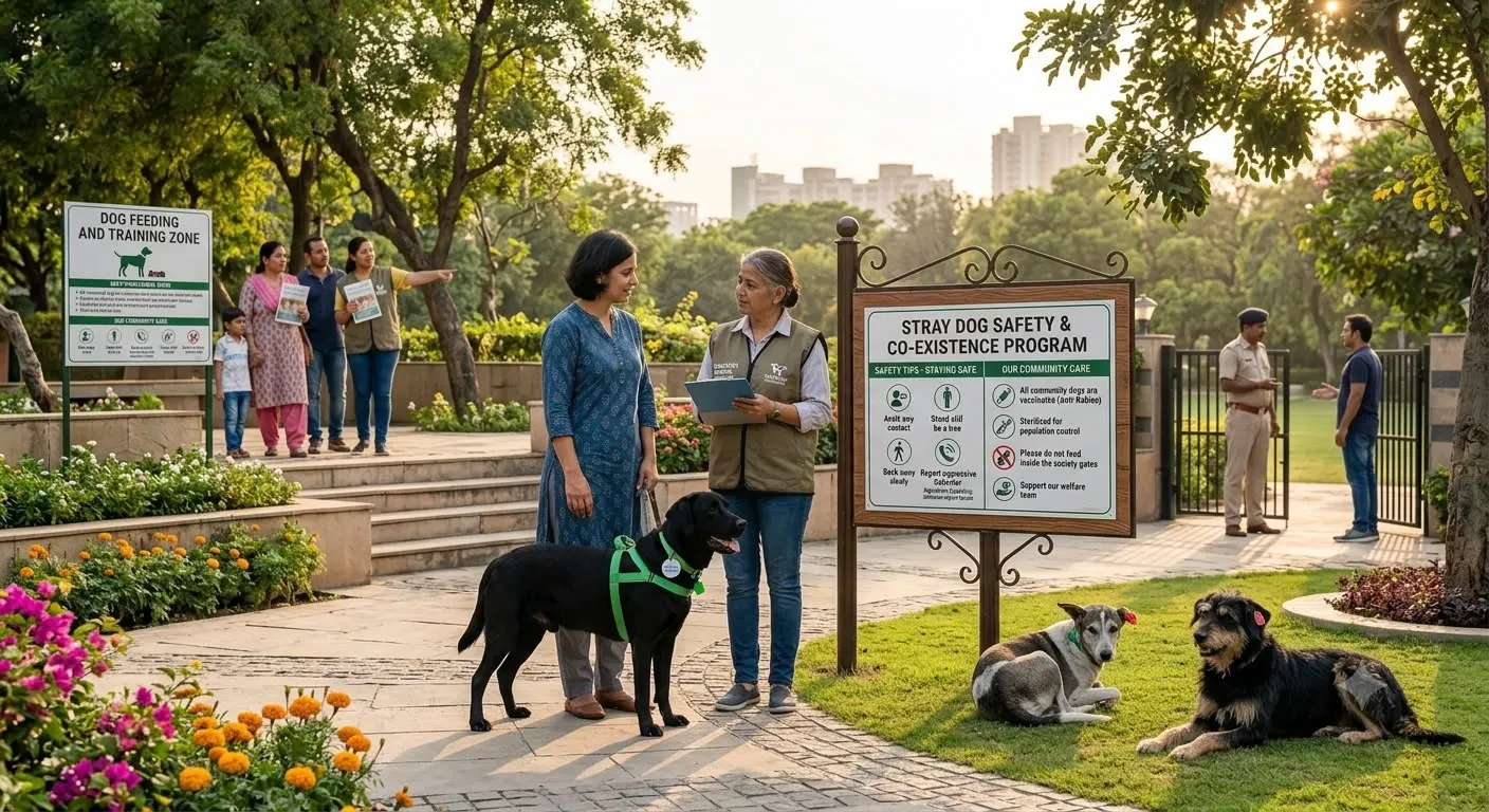 Residents and dogs at a Gurgaon park with a community stray dog notice board